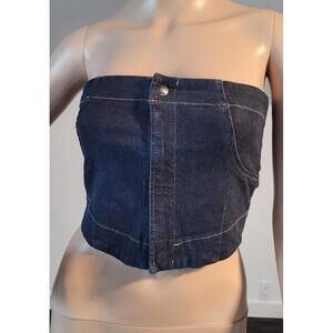 Silver Blue Medium Cotton Denim  Zip Up Front Bustier  Going Out Party Top